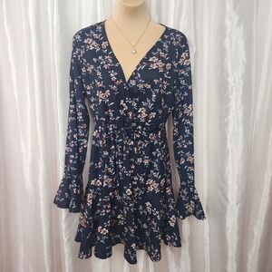 115. Floral Navy Ruffle Long Sleeve Dress - Size M